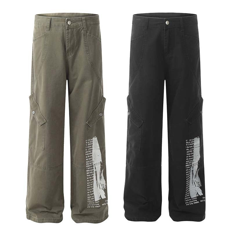 Men's Multi-pocket Letter Printed Straight Jeans Loose Casual Trousers